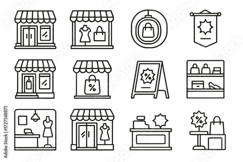 Storefront display icons vector shop window counter interior corner icon shelves collection