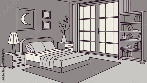 Bedroom interior design illustration with bed nightstand bookcase and window drawing concept art
