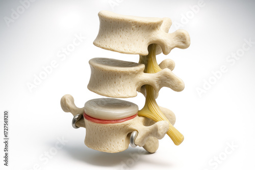 Detailed anatomical model of three human lumbar vertebrae with a herniated disc and spinal nerves, isolated on a white background.