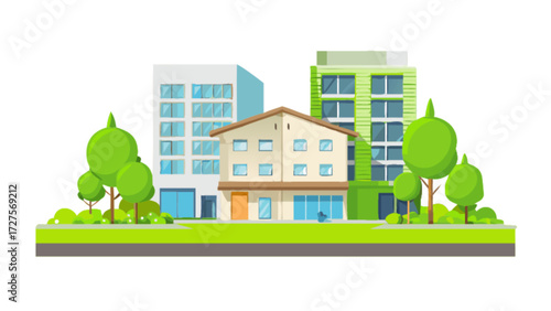 Cartoon city landscape with buildings and trees vector illustration for real estate design