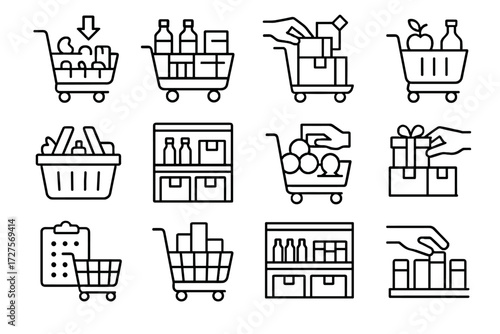 Bags icons icon aligning vector items shelves organization boxes goods products cart