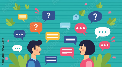 Two people engaged in a lively conversation, with various speech bubbles containing questions and messages floating between them, symbolizing communication and dialogue