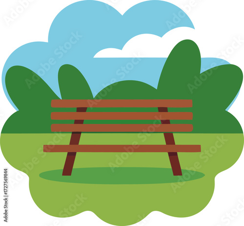 Tranquil park scene with wooden bench and peaceful nature background