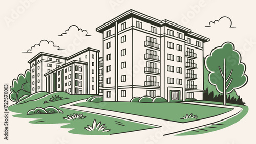 Apartment buildings vector illustration for real estate and architecture design with green landscape