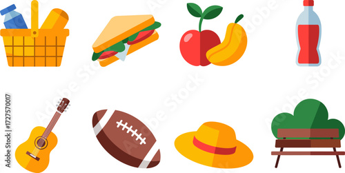 Picnic in the park flat vector elements of leisure recreation