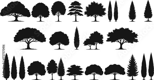 Tree silhouettes collection, diverse tree shapes, natural forest elements, landscape design resource, botanical illustration, ecology concept, environment conservation, outdoor