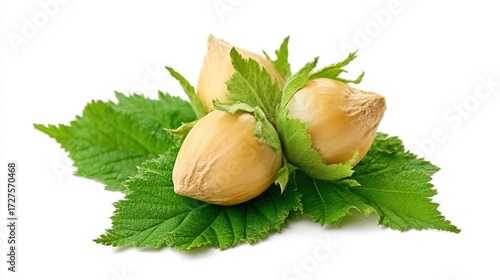 Three Hazelnuts with Green Leaves Close Up Studio Shot on White Background Still Life Food Photography