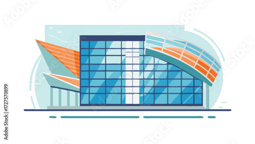 Modern architecture building design illustration with glass facade and geometric shapes concept art