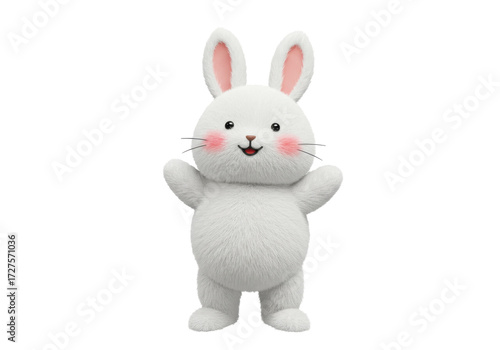 Cute fluffy bunny PNG isolated on transparent background, adorable cartoon rabbit character with pink cheeks and long ears for Easter and spring