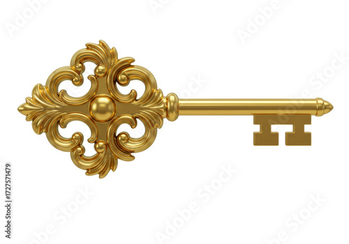 Ornate golden key isolated on transparent background, antique style object for design and decoration in PNG format