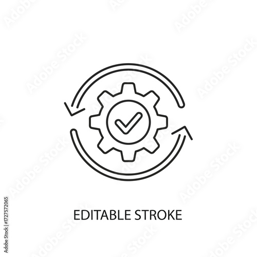 Vector art of line art illustration of a gear with a checkmark inside, surrounded by a circular arrow, representing process automation