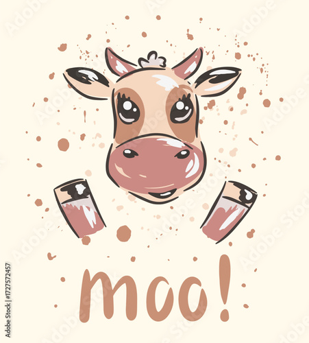 Cartoon cow with big eyes says moo on cream background, vector clip art.