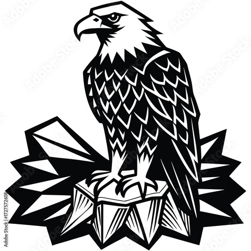Low poly eagle carrying fish in talons over water