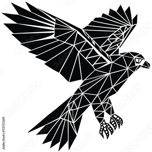 Low poly eagle carrying fish in talons over water