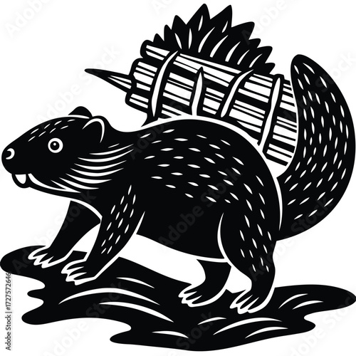 Low poly American beaver chewing wood in swamp background