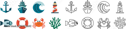 Nautical themed icon set with anchor ship wave and lighthouse vector