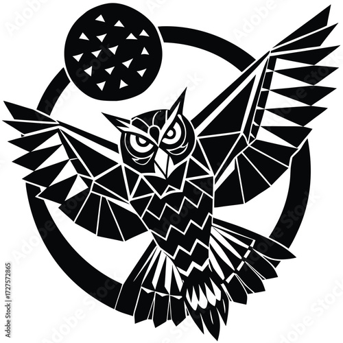 Low poly American owl with wings wide open landing on branch