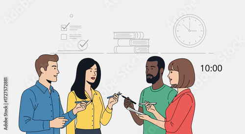 A diverse team of four colleagues actively engages in a productive discussion during a meeting, with a clock indicating 1000 and a checklist in the background
