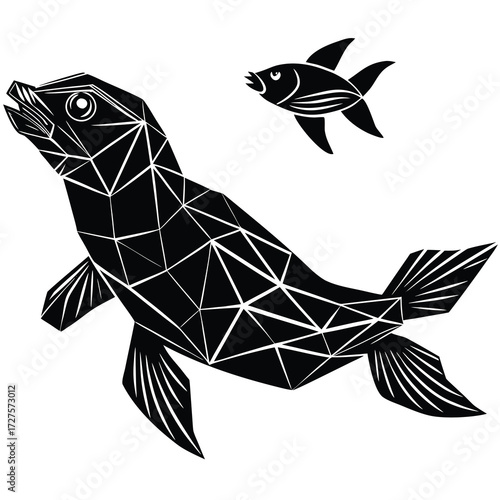 Low poly American sea lion diving underwater with fish