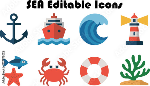 Nautical and sea icons set featuring marine life and equipment