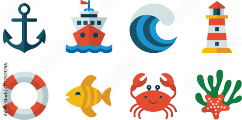 Collection of Maritime Icons Representing Ocean Nautical and Sea Elements