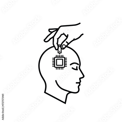 Vector art of hand inserting a microchip into a human head, symbolizing artificial intelligence and technological enhancement