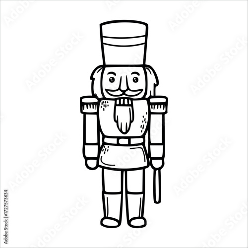 A simple line drawing of a nutcracker soldier. The figure has a tall hat, a mustache, and is holding a stick. It is designed in a cartoon style.