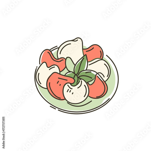 Caprese salad on plate in hand-drawn style, red, white and green tones, Italian food concept