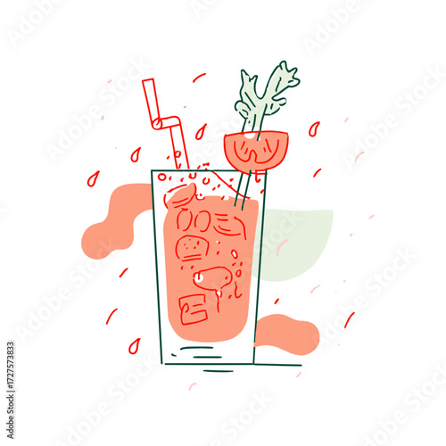 Bloody Mary cocktail in hand-drawn style, red and green tones, classic brunch drink concept