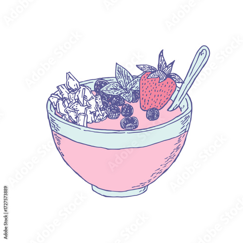 Acai bowl with berries and granola in hand-drawn style, pastel tones, healthy breakfast concept