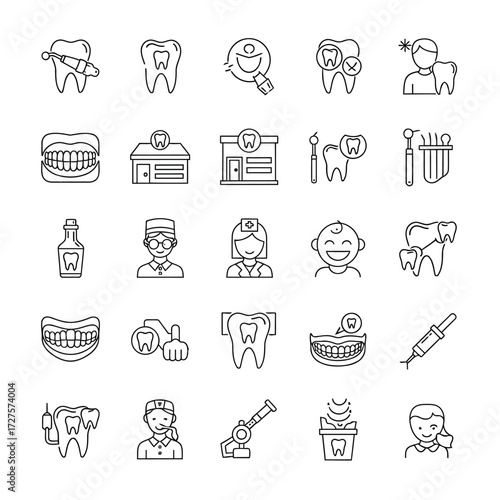 Vector art of dental care and dentistry icons a collection of linear symbols representing various aspects of oral hygiene and treatment