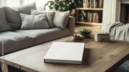 Modern Living Room Interior Design Mockup with Blank Book on Wooden Coffee Table