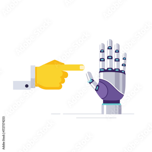 Vector art of human hand pointing at a robot hand, symbolizing the interaction between humans and artificial intelligence in technology