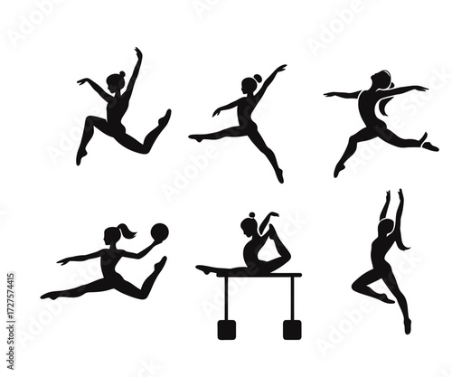 Silhouettes of gymnasts in various poses and actions