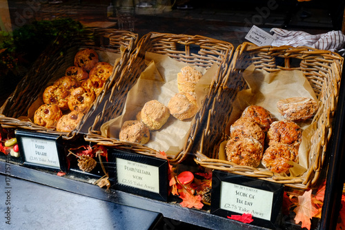 Canterbury, England, UK.Display of fresh scones at a bakery.