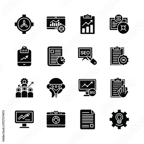 Vector art of a collection of seo icons signifies search engine optimization, data analysis, and digital marketing strategies for online success