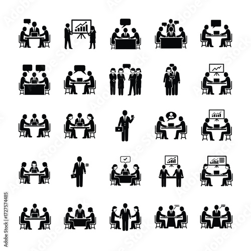 Vector art of a collection of meeting icons showcases collaboration, discussion, and teamwork in various business settings and scenarios
