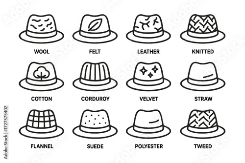 Vector polyester straw hat icons wool cotton knitted tweed texture velvet icon