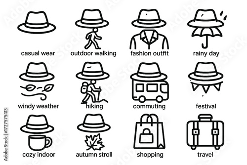 Festival vector casual hiking shopping icon windy stroll collection commuting wear hat