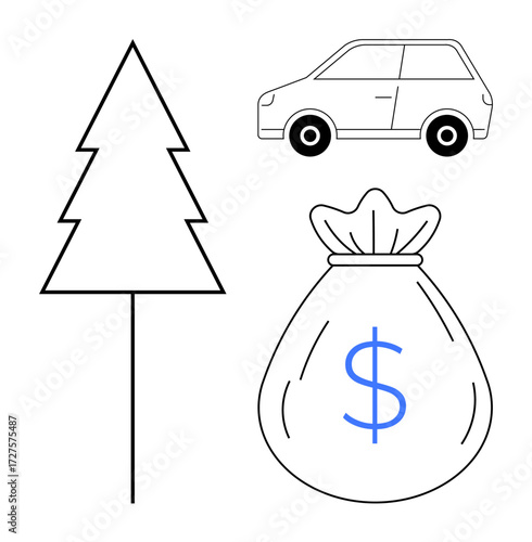 Tree, compact car, and money bag with dollar sign emphasize eco-friendliness, expenses, financial savings, investment, sustainability, transportation and environmental conservation. Ideal for green