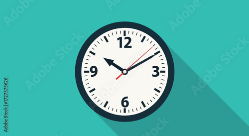 A classic analog clock face with black numbers and hands, casting a long shadow on a teal background, symbolizing the passage of time and the importance of punctuality in daily life