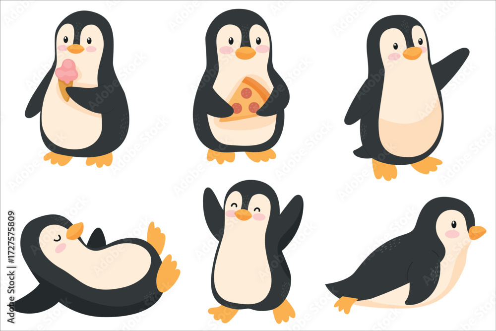 Fototapeta premium A collection of cute cartoon penguins engaging in various activities. Some are holding ice cream and pizza, while others are playing and relaxing.