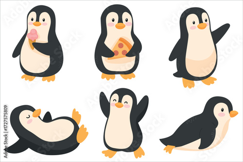 A collection of cute cartoon penguins engaging in various activities. Some are holding ice cream and pizza, while others are playing and relaxing.