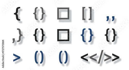 A diverse collection of programming and punctuation symbols, including various types of brackets, parentheses, quotation marks, and angle brackets, presented in a clean, modern graphic style