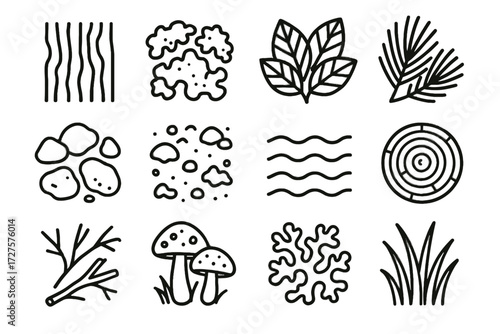 Icon tree bark needles water vector rings lichen mushrooms texture forest rocks
