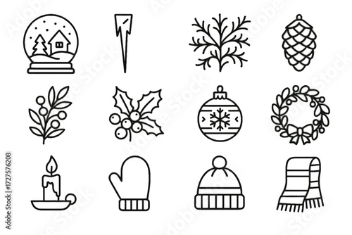 Pinecone icon berry snow candle frost set ornament vector mitten scarf winter