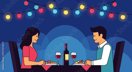 A romantic couple enjoys a delightful dinner date under twinkling string lights, savoring wine and a delicious meal together