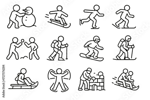 Skiing icons snowman angel hike ice activity snow icon vector snowboarding snowball