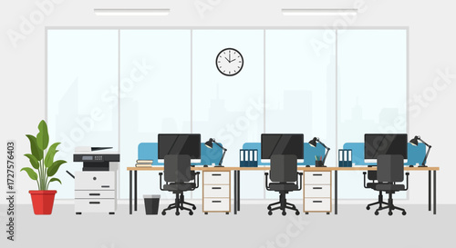 A modern office interior featuring a row of workstations with computers, chairs, and printers, illuminated by overhead lights and a wall clock