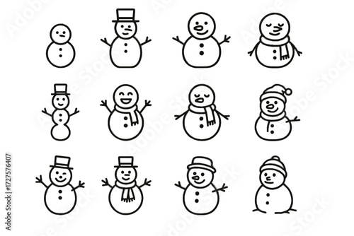 Fat thin snowman icon vector tall variations playful cartoonish cheerful winking